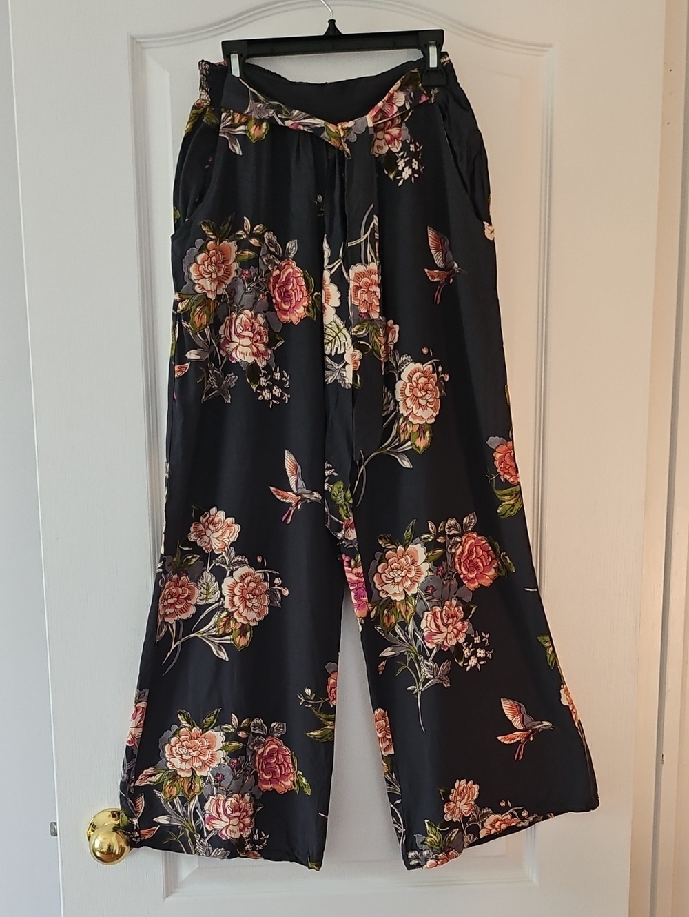 Angie Navy Floral Bird Print Rayon Elastic Waist Wide Leg Pants